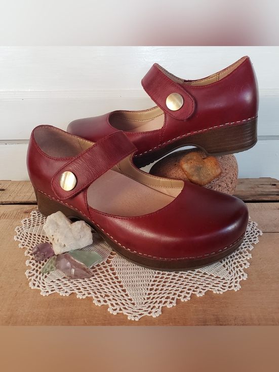 Dansko Shoes - RED Dansko Beatrice MaryJane Clog Burnished Velcro Strap Button Boho Cottage